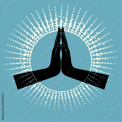 Silhouette of hands in prayer position surrounded by a radiating halo of light against a blue background.