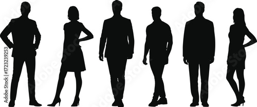 Business people silhouette icon set, professional attire figures, black design illustration, gender diversity vector, teamwork and career symbols, corporate group graphics