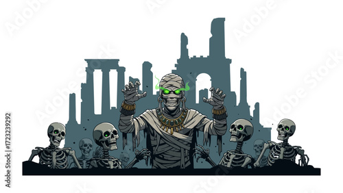 Ancient Mummy's Embrace: A skeletal mummy, wrapped in tattered cloth, stands before a backdrop of crumbling ruins, conjuring a feeling of mystery and historical depth.
