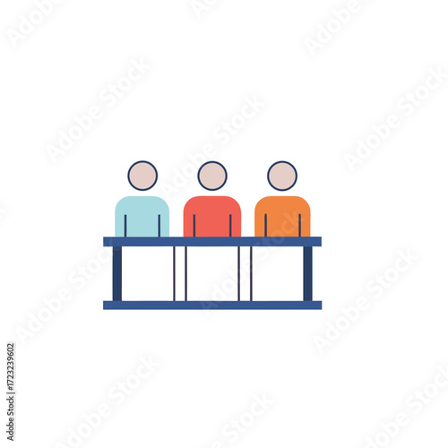 Three stylized people sit in a row behind a blue barrier