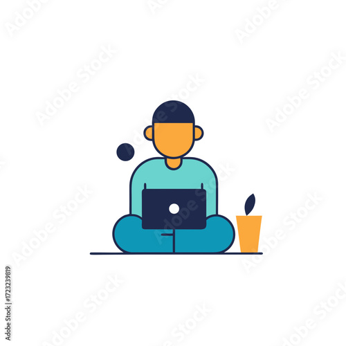 Person working on laptop while sitting cross legged with plant
