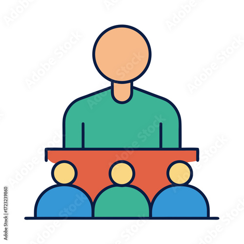 Speaker addressing an audience from a podium with colorful figures