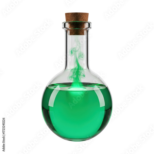 Round bottom flask with green liquid isolated on transparent background