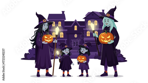 Spooky Witch Gathering: A bewitching scene unfolds with witches adorned in traditional hats and robes, each cradling a glowing jack-o'-lantern, against the backdrop of a haunted house on Halloween.