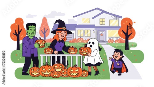 Halloween Delight: A cheerful family scene with whimsical costumes, carved pumpkins, and the welcoming embrace of the house. Capturing the magic of Halloween season.
