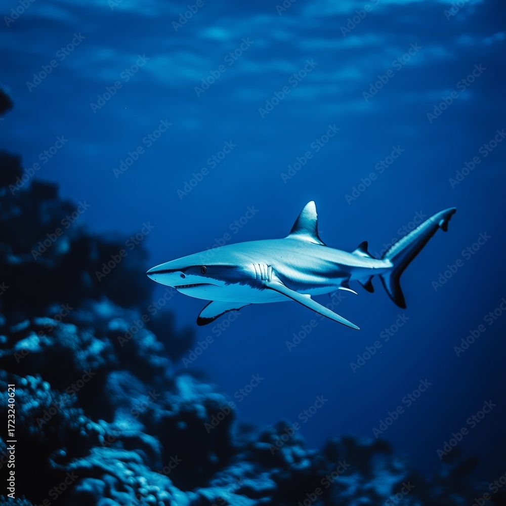 Naklejka premium A shark is swimming in the ocean. The water is blue and the shark is white. The shark is swimming near a coral reef