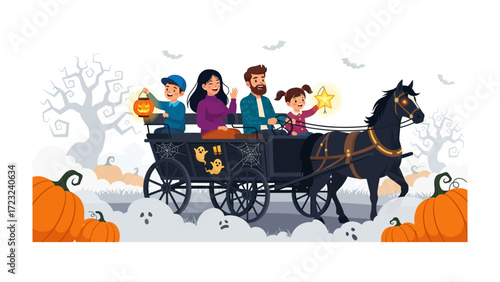 Family's Spooky Carriage Ride: A vibrant family embarks on a whimsical Halloween adventure, cruising in a spooky carriage through a land filled with pumpkins and spectral shapes.