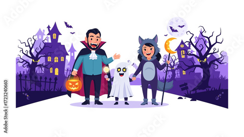 Halloween Delight: A heartwarming Halloween scene features a family dressed in festive costumes against a spooky background, embodying the spirit of the holiday.
