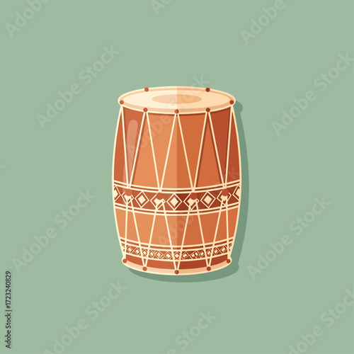 A stylized illustration of a traditional Indian drum, showcasing its design details.