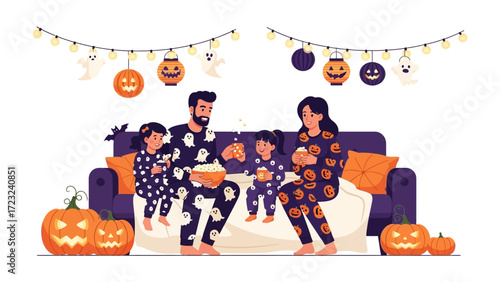 Halloween Family Movie Night: A vibrant illustration of a family in matching pajamas, happily gathered on a couch, engrossed in a movie night, surrounded by festive Halloween decorations.