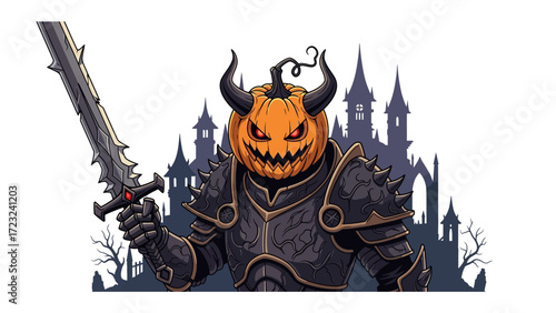 Halloween Knight: A fearsome, armor-clad figure, whose head is replaced by a carved pumpkin with glowing eyes, stands ready with a menacing sword against a shadowy backdrop of a haunted castle.