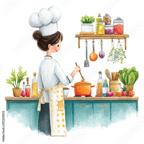 Chef Preparing Meal in Kitchen with Utensils and Ingredients.