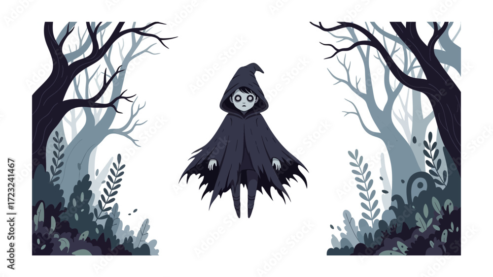 Fototapeta premium Mysterious Forest Guardian: A spectral figure in a dark cloak, with a hooded figure floating in an enchanted forest, the illustration creates a mystical and ethereal scene.