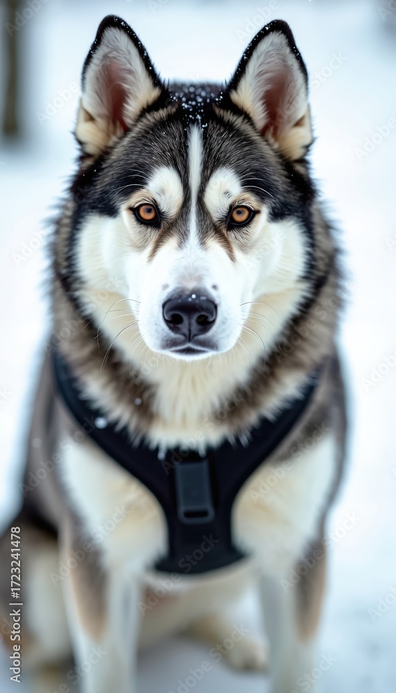 Obraz premium Front face portrait of beautiful powerful husky dog in snow wears harness ready for sledding in winter landscape. Sled dog looks at camera with amber eyes. Sledding concept. Dog portrait.
