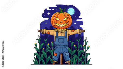 Spooky Scarecrow Illustration: A whimsical scarecrow, complete with a carved pumpkin head, stands amidst a field of corn under a moonlit, star-studded sky.