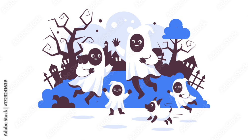 Fototapeta premium Spooky Halloween: Children dressed as ghosts play on a Halloween night with eerie silhouette, captures the essence of the spooky holiday.