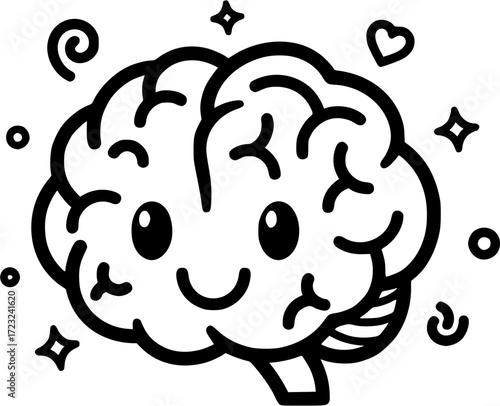 Mental health positive thinking concept with happy face and heart in head line art illustration

