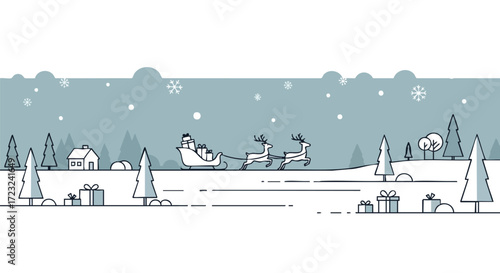 Magical winter wonderland scene with Santa's sleigh pulled by reindeer over snowy landscape and festive gifts below