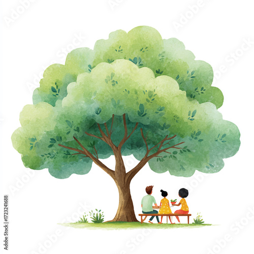 Children sitting under a large green tree on a sunny day.