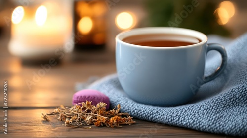 Wallpaper Mural Cozy afternoon tea setting with soft blue mug, lights, and herbal elements creating a relaxed Torontodigital.ca