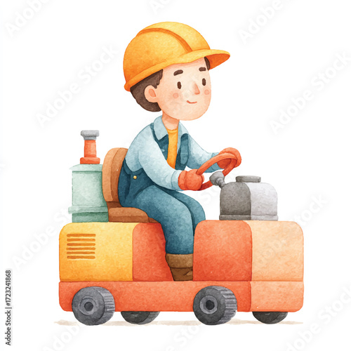 Construction worker driving a forklift with a safety helmet on the job.