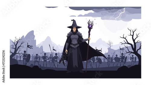 Mystical Witch: A dark witch stands tall, holding a magical staff, commanding a skeletal army in a fantasy landscape filled with ominous tones. 
