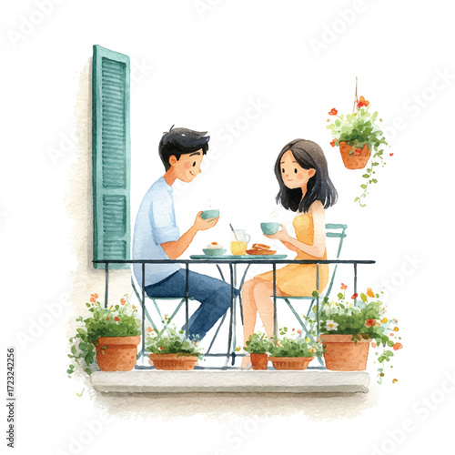Couple enjoying coffee on a balcony surrounded by plants.