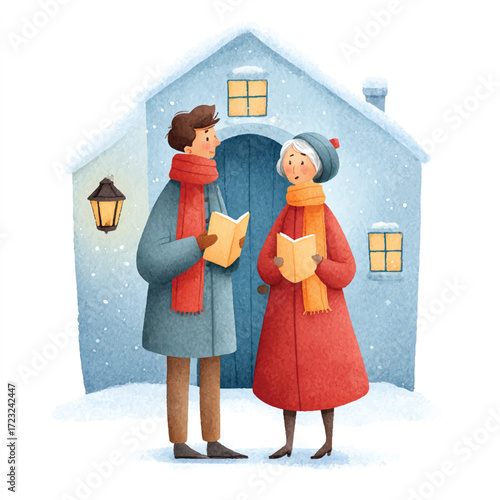 Couple singing Christmas carols outside a snowy house.