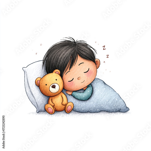 Cute boy sleeping peacefully with teddy bear on pillow.