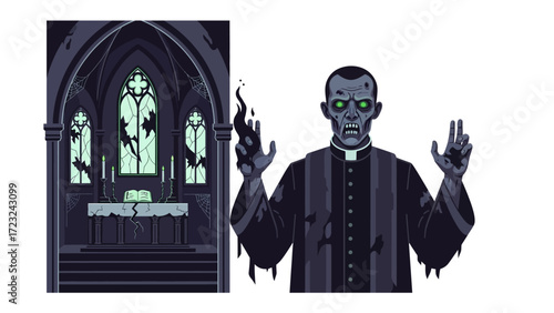 Undead Cleric in Sinister Sanctuary: An eerie illustration portrays a haunting scene, showcasing an undead cleric against the backdrop of a gothic sanctuary with spectral elements.
