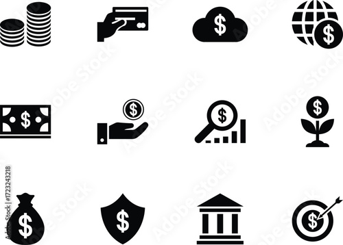 Financial Banking Silhouette Icon Set for Business. Financial Icons Money, Cloud, World, Card, and Investments. 