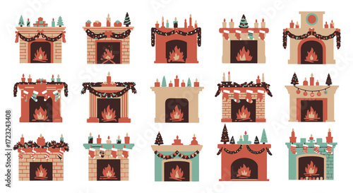 Collection of decorated fireplaces, festive holiday style.