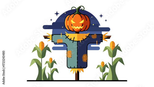 Harvest Icon: An illustrative autumn depiction features a grinning pumpkin atop a scarecrow set amidst flourishing corn stalks, evoking the festive spirit of harvest season and Halloween.