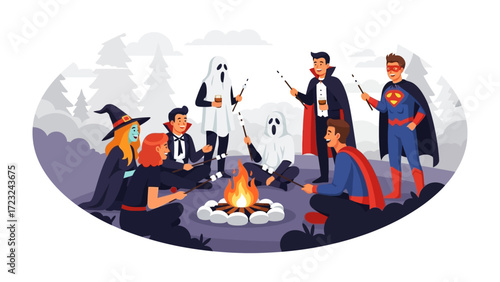 Halloween Night: Friends in Various Costumes Gathering Around a Bonfire, roasting marshmallows, for a night of eerie fun.