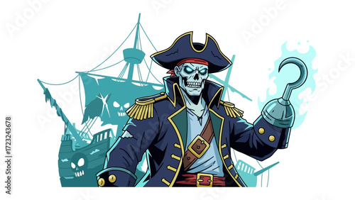 Ghost Pirate on the Sea: An intrepid ghost pirate, complete with a menacing hook, stands aboard a ghostly vessel, ready to embark on a spectral voyage across the eerie, moonlit sea.