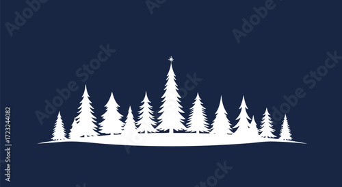 Elegant winter scene with snow covered Christmas trees against a deep blue backdrop, perfect for holiday cards or seasonal promotions