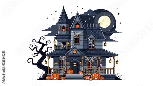 Haunted Halloween Mansion: A spooky mansion, illuminated by a full moon and jack-o'-lanterns, conjuring the perfect scene for a chilling Halloween night.