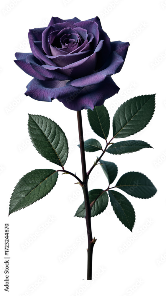 Obraz premium Purple Rose Bloom with Dark Green Leaves on Transparent Background, 3D Realism Graphic for Web Design