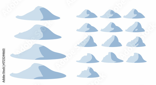 Various piles of white powder or snow are arranged on a white background.