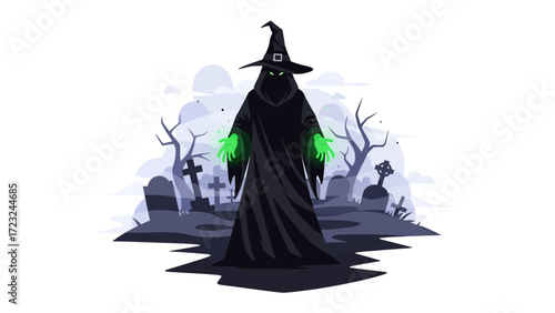 Mystical Witch: A mysterious silhouette of a witch stands ominously in a graveyard, emanating an eerie aura. Captured with artistry and vibrant colors, perfect for Halloween or mystical theme