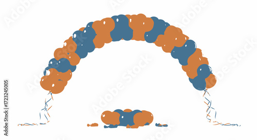 An archway of alternating blue and orange balloons, with a small pile of deflated balloons on the ground.