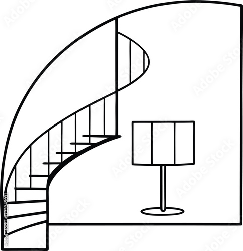 minimalist loft with spiral staircase line art illustration on transparent
