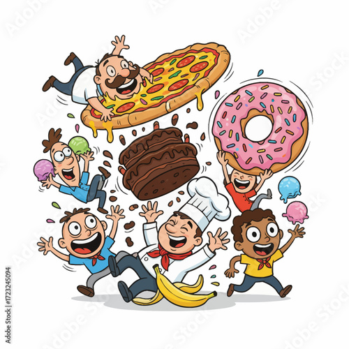 High-res vector of characters in a hilarious scene, featuring exaggerated expressions, giant food, and funny actions. Perfect for comedy, memes, and cheerful designs.