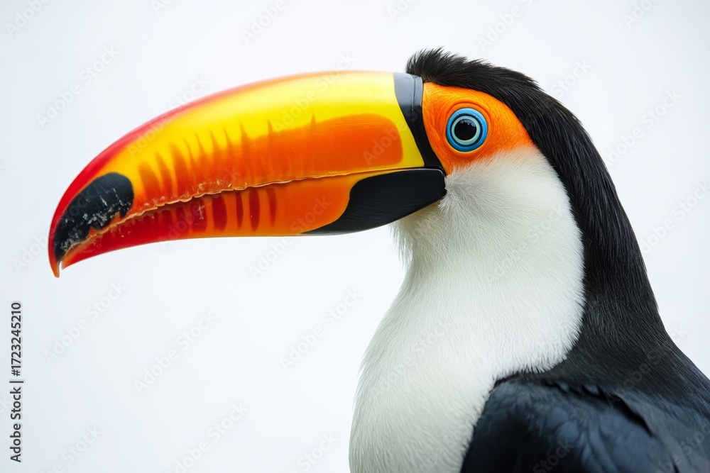 Naklejka premium A colorful bird with a long beak and a blue eye. The bird is standing on a white background