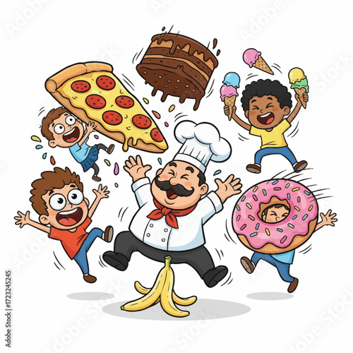 A new, scalable cartoon illustration of characters slipping, falling, and chasing giant ice cream. Bold outlines and a bright palette make it great for amusing content.