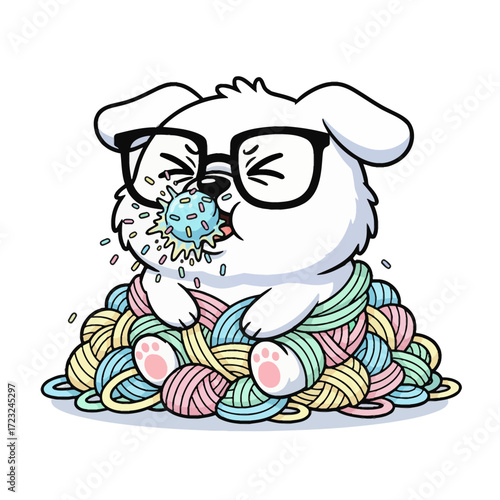 A new, clean vector illustration of a hilarious pet character. Featuring a funny expression and a sweet treat, this design is great for a wide range of unique design needs.