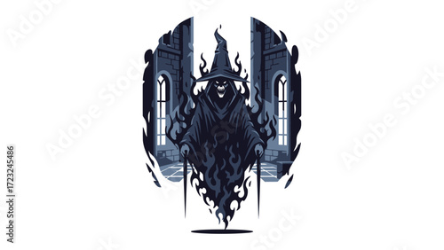 Spooky Wraith in Dark Portal: A spectral being, cloaked in an ethereal shroud, emerges from a foreboding portal, its ominous presence promising an eerie, supernatural encounter.