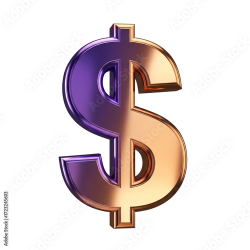 Shimmering dual-toned metallic dollar symbol gleams with rich golden and deep purple hues representing wealth and prosperity
