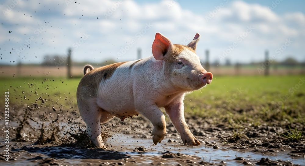 Fototapeta premium Piglet in a Muddy Field on a Sunny Day.