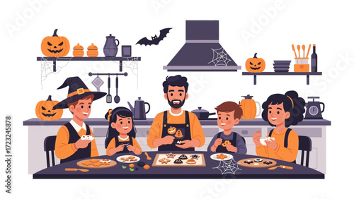 Family Halloween in the Kitchen: A heartwarming illustration captures a family coming together in the kitchen for a spirited Halloween celebration, complete with pumpkin decorations.